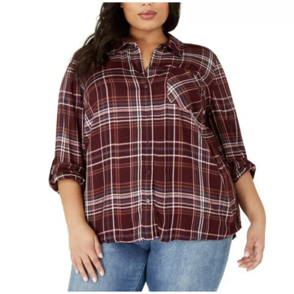 New Style & Co Womans Sz 3X Plus Berry Plaid Long Sleeve Button Down Shirt NWT